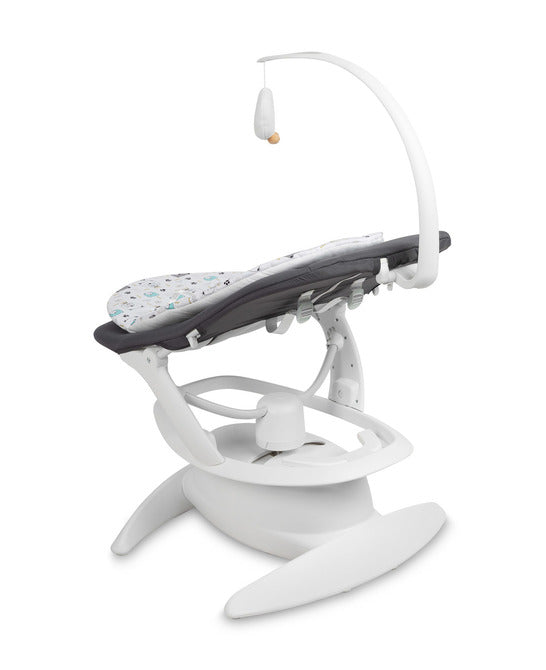 An electric baby rocker Noco featuring a bar and melodies, designed for babies and infants. The rocker have a graphite seat with a patterned fabric, white frame, and a variety of controls and accessories, such as a safety bar and sensory toy.