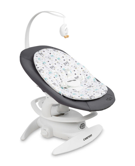 An electric baby rocker Noco featuring a bar and melodies, designed for babies and infants. The rocker have a graphite seat with a patterned fabric, white frame, and a variety of controls and accessories, such as a safety bar and sensory toy.