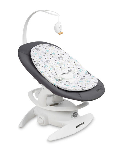 An electric baby rocker Noco featuring a bar and melodies, designed for babies and infants. The rocker have a graphite seat with a patterned fabric, white frame, and a variety of controls and accessories, such as a safety bar and sensory toy.
