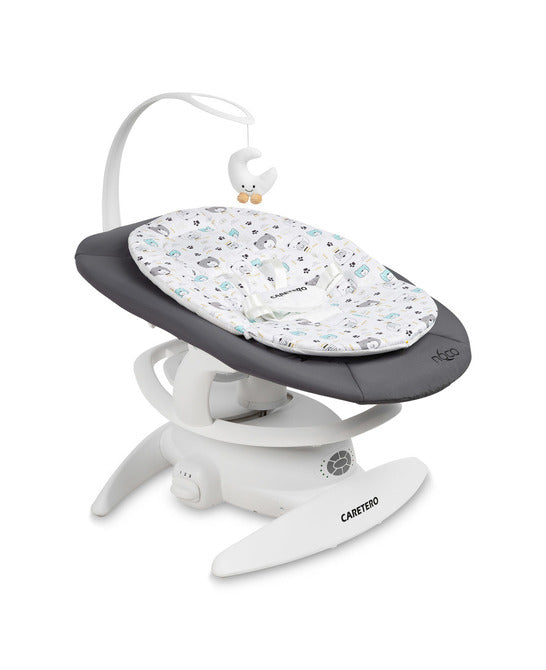 An electric baby rocker Noco featuring a bar and melodies, designed for babies and infants. The rocker have a graphite seat with a patterned fabric, white frame, and a variety of controls and accessories, such as a safety bar and sensory toy.