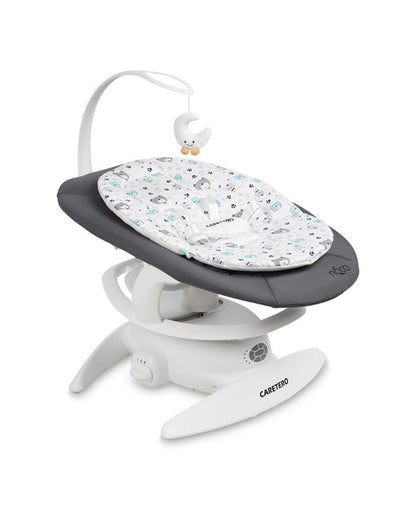An electric baby rocker Noco featuring a bar and melodies, designed for babies and infants. The rocker have a graphite seat with a patterned fabric, white frame, and a variety of controls and accessories, such as a safety bar and sensory toy.