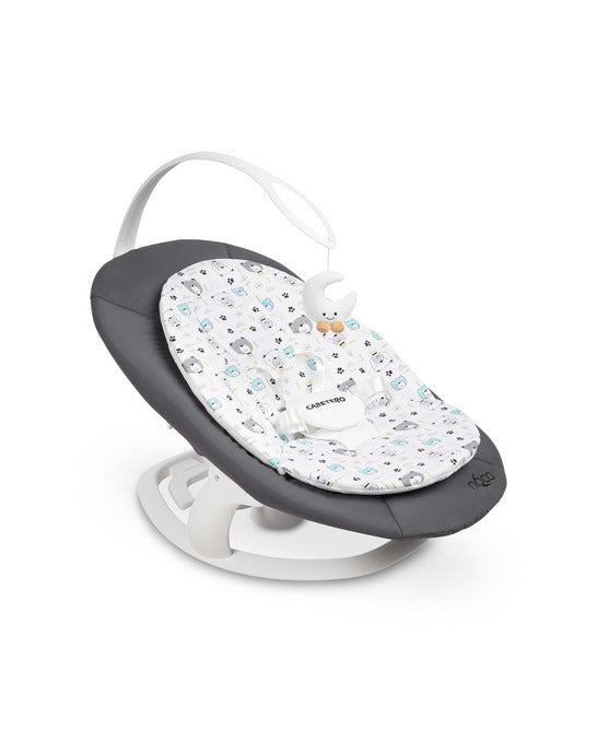 An electric baby rocker Noco featuring a bar and melodies, designed for babies and infants. The rocker have a graphite seat with a patterned fabric, white frame, and a variety of controls and accessories, such as a safety bar and sensory toy.
