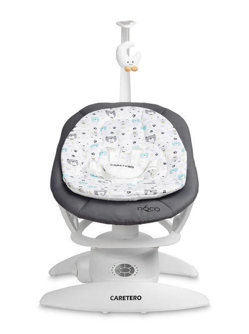 An electric baby rocker Noco featuring a bar and melodies, designed for babies and infants. The rocker have a graphite seat with a patterned fabric, white frame, and a variety of controls and accessories, such as a safety bar and sensory toy.