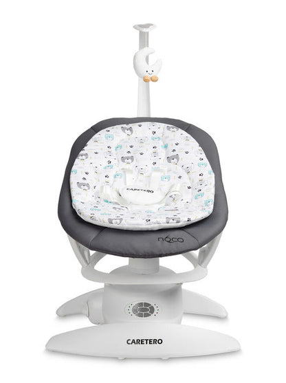 An electric baby rocker Noco featuring a bar and melodies, designed for babies and infants. The rocker have a graphite seat with a patterned fabric, white frame, and a variety of controls and accessories, such as a safety bar and sensory toy.