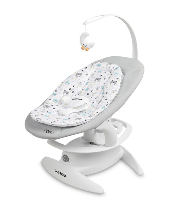 An electric baby rocker Noco featuring a bar and melodies, designed for babies and infants. The rocker have a graphite seat with a patterned fabric, white frame, and a variety of controls and accessories, such as a safety bar and sensory toy.