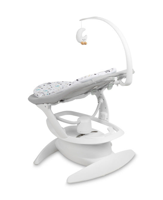 An electric baby rocker Noco featuring a bar and melodies, designed for babies and infants. The rocker have a graphite seat with a patterned fabric, white frame, and a variety of controls and accessories, such as a safety bar and sensory toy.
