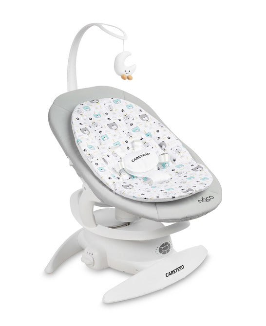 An electric baby rocker Noco featuring a bar and melodies, designed for babies and infants. The rocker have a graphite seat with a patterned fabric, white frame, and a variety of controls and accessories, such as a safety bar and sensory toy.