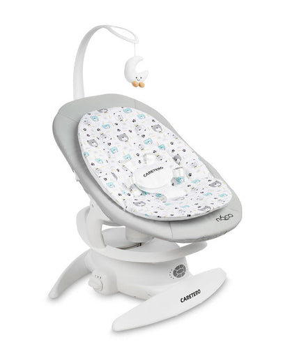 An electric baby rocker Noco featuring a bar and melodies, designed for babies and infants. The rocker have a graphite seat with a patterned fabric, white frame, and a variety of controls and accessories, such as a safety bar and sensory toy.
