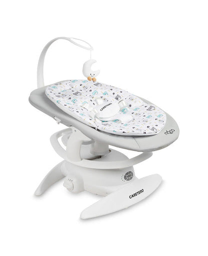An electric baby rocker Noco featuring a bar and melodies, designed for babies and infants. The rocker have a graphite seat with a patterned fabric, white frame, and a variety of controls and accessories, such as a safety bar and sensory toy.
