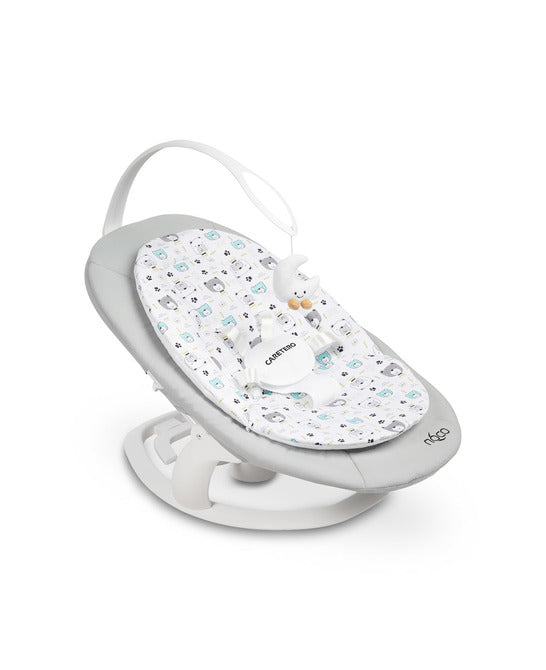 An electric baby rocker Noco featuring a bar and melodies, designed for babies and infants. The rocker have a graphite seat with a patterned fabric, white frame, and a variety of controls and accessories, such as a safety bar and sensory toy.