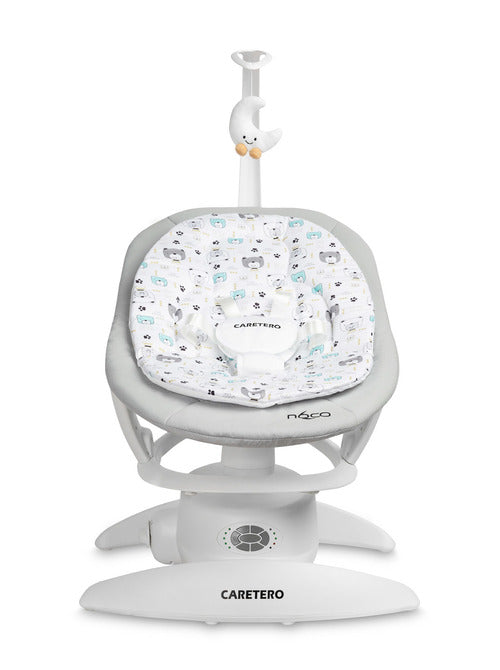 An electric baby rocker Noco featuring a bar and melodies, designed for babies and infants. The rocker have a graphite seat with a patterned fabric, white frame, and a variety of controls and accessories, such as a safety bar and sensory toy.