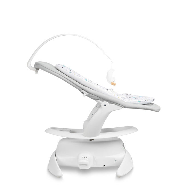 An electric baby rocker Noco featuring a bar and melodies, designed for babies and infants. The rocker have a graphite seat with a patterned fabric, white frame, and a variety of controls and accessories, such as a safety bar and sensory toy.