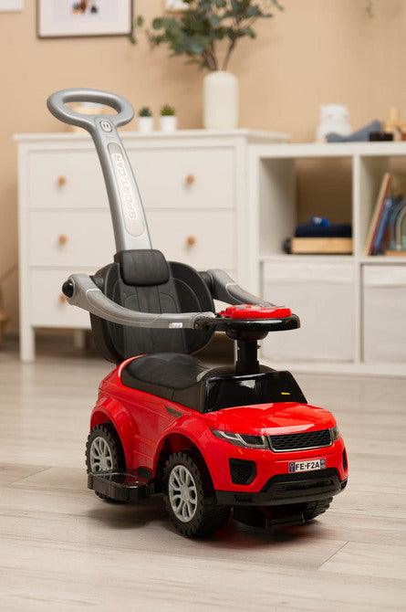 The Sport Car from Toyz is an indispensable companion for walks. Thanks to its design, it can be easily adapted to the needs of the child. It can be a pusher, a walker and a typical ride-on - just disassemble the appropriate elements. Rides have a battery-powered steering wheel with lights and sounds, and a very useful storage space under the seat. Raised rails prevent the baby from falling and block the possibility of turning the front wheels.