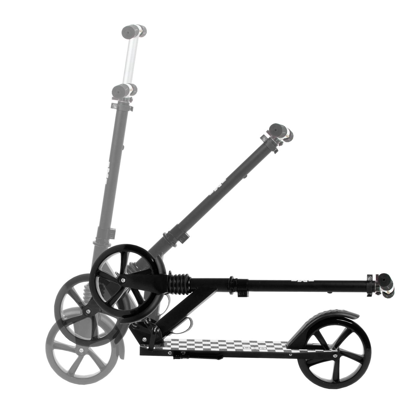 The perfect scooter for getting around the city, both for older children and adults. Durable steel and aluminum construction. Light and compact - the scooter weighs less than  4 kg. Foldable foot  for easy parking. Anti-slip platform. Foot brake  located above the rear wheel. Steering wheel. 3-step  handlebar height adjustment  in the range of  86 - 94 - 102 cm. Ergonomic handles – ensure comfortable and safe handling. The handles can be folded and placed in special mountings.