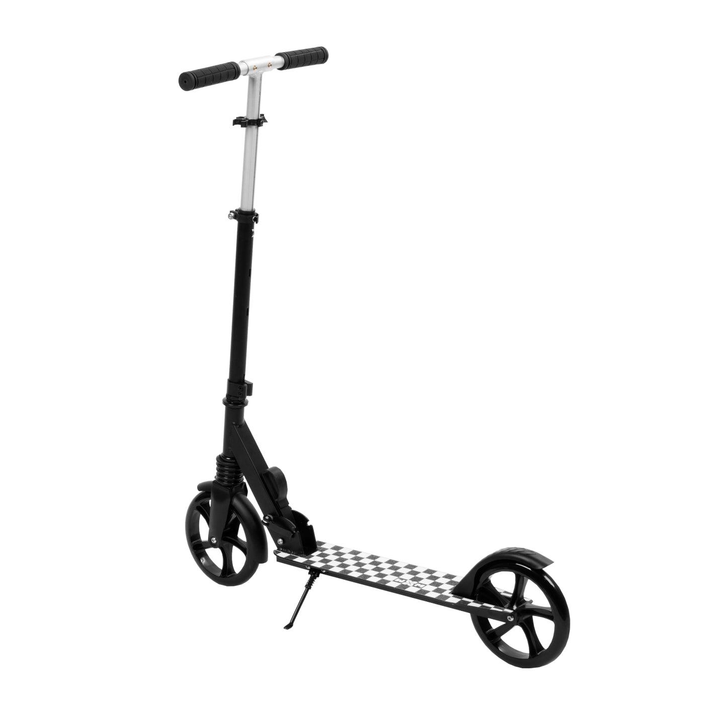 The perfect scooter for getting around the city, both for older children and adults. Durable steel and aluminum construction. Light and compact - the scooter weighs less than  4 kg. Foldable foot  for easy parking. Anti-slip platform. Foot brake  located above the rear wheel. Steering wheel. 3-step  handlebar height adjustment  in the range of  86 - 94 - 102 cm. Ergonomic handles – ensure comfortable and safe handling. The handles can be folded and placed in special mountings.