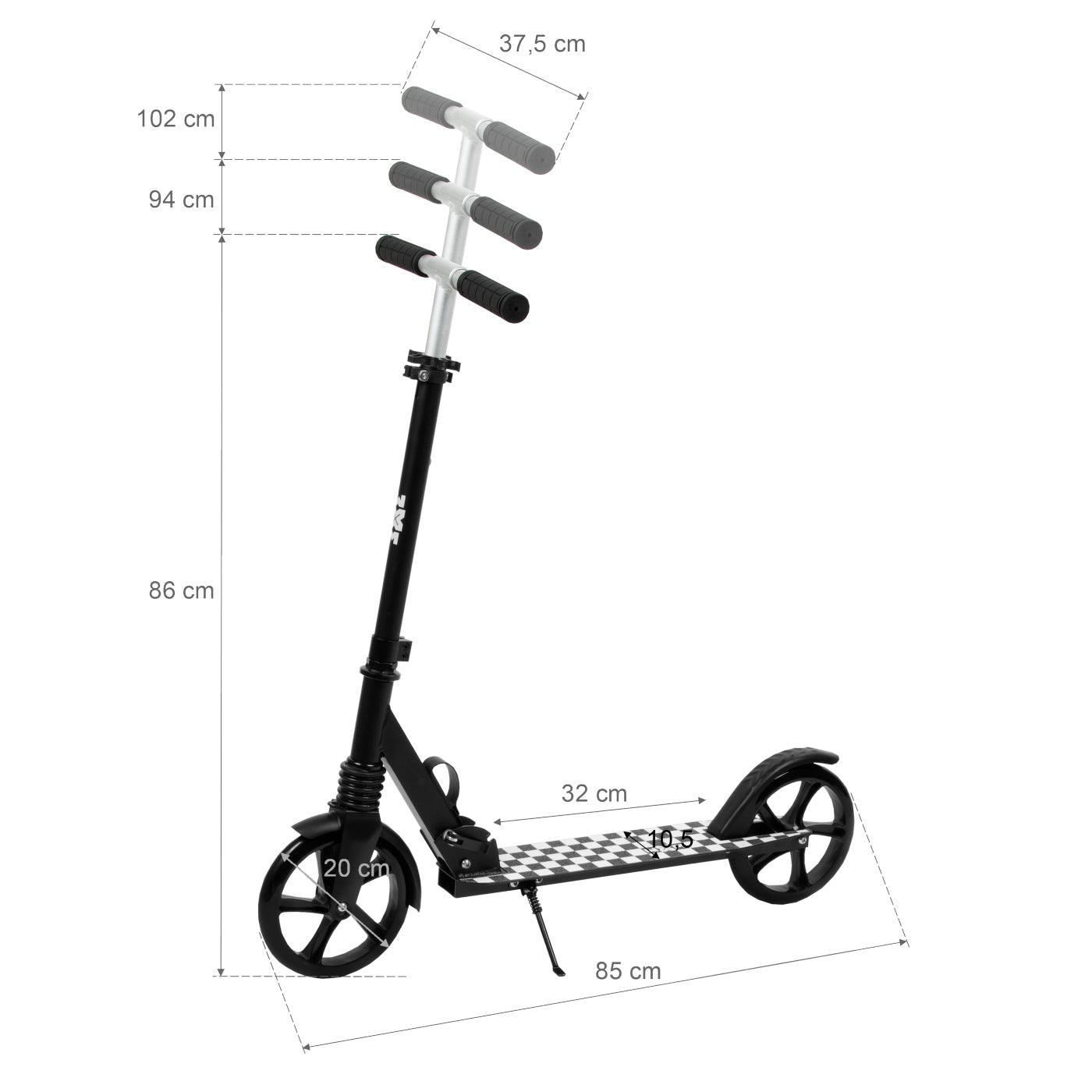 The perfect scooter for getting around the city, both for older children and adults. Durable steel and aluminum construction. Light and compact - the scooter weighs less than  4 kg. Foldable foot  for easy parking. Anti-slip platform. Foot brake  located above the rear wheel. Steering wheel. 3-step  handlebar height adjustment  in the range of  86 - 94 - 102 cm. Ergonomic handles – ensure comfortable and safe handling. The handles can be folded and placed in special mountings.