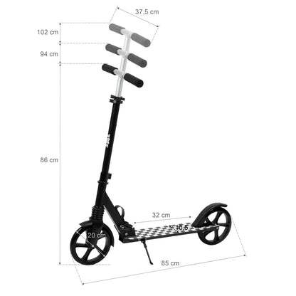 The perfect scooter for getting around the city, both for older children and adults. Durable steel and aluminum construction. Light and compact - the scooter weighs less than  4 kg. Foldable foot  for easy parking. Anti-slip platform. Foot brake  located above the rear wheel. Steering wheel. 3-step  handlebar height adjustment  in the range of  86 - 94 - 102 cm. Ergonomic handles – ensure comfortable and safe handling. The handles can be folded and placed in special mountings.