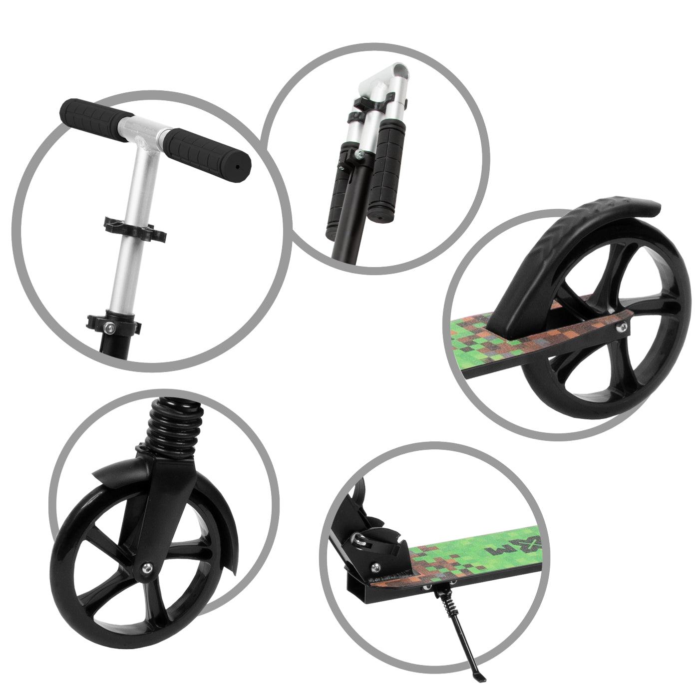 The perfect scooter for getting around the city, both for older children and adults. Durable steel and aluminum construction. Light and compact - the scooter weighs less than  4 kg. Foldable foot  for easy parking. Anti-slip platform. Foot brake  located above the rear wheel. Steering wheel. 3-step  handlebar height adjustment  in the range of  86 - 94 - 102 cm. Ergonomic handles – ensure comfortable and safe handling. The handles can be folded and placed in special mountings.