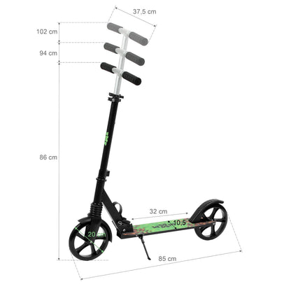 The perfect scooter for getting around the city, both for older children and adults. Durable steel and aluminum construction. Light and compact - the scooter weighs less than  4 kg. Foldable foot  for easy parking. Anti-slip platform. Foot brake  located above the rear wheel. Steering wheel. 3-step  handlebar height adjustment  in the range of  86 - 94 - 102 cm. Ergonomic handles – ensure comfortable and safe handling. The handles can be folded and placed in special mountings.