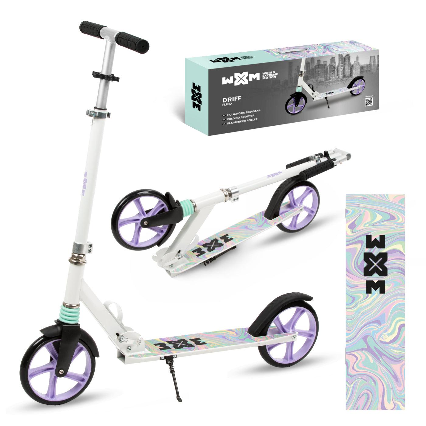 The perfect 2 wheel scooter for getting around the city, both for older children and adults. Durable steel and aluminum construction. Light and compact - the scooter weighs less than  4 kg. Foldable foot  for easy parking. Anti-slip platform. Foot brake  located above the rear wheel. Steering wheel. 3-step  handlebar height adjustment  in the range of  86 - 94 - 102 cm. Ergonomic handles – ensure comfortable and safe handling. The handles can be folded and placed in special mountings.
