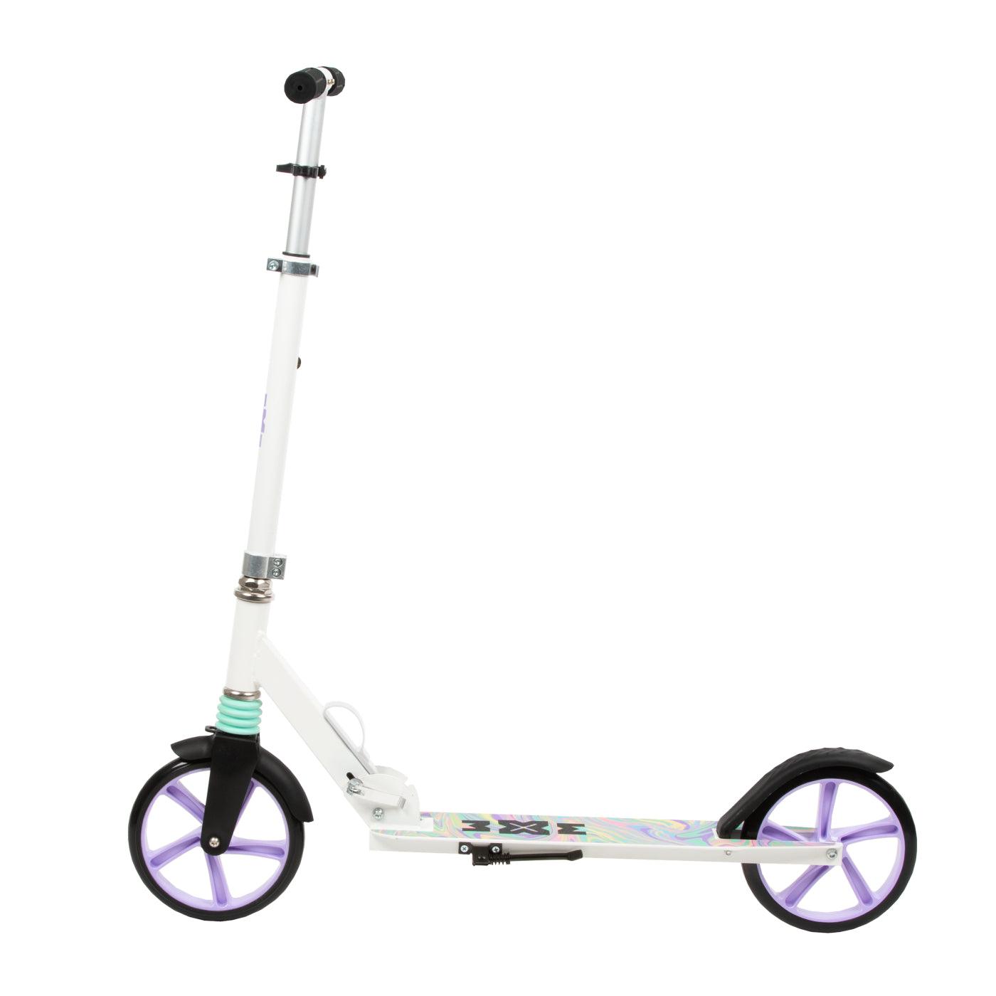 The perfect two wheel scooter for getting around the city, both for older children & adults. Durable steel and aluminum construction. Light and compact - the scooter weighs less than  4 kg. Foldable foot  for easy parking. Anti-slip platform. Foot brake  located above the rear wheel. Steering wheel. 3-step  handlebar height adjustment  in the range of  86 - 94 - 102 cm. Ergonomic handles – ensure comfortable and safe handling. The handles can be folded and placed in special mountings.