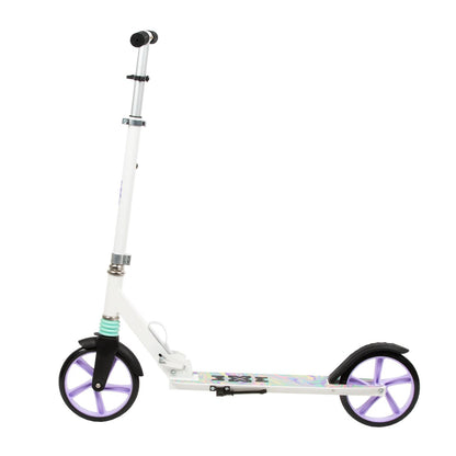 The perfect two wheel scooter for getting around the city, both for older children & adults. Durable steel and aluminum construction. Light and compact - the scooter weighs less than  4 kg. Foldable foot  for easy parking. Anti-slip platform. Foot brake  located above the rear wheel. Steering wheel. 3-step  handlebar height adjustment  in the range of  86 - 94 - 102 cm. Ergonomic handles – ensure comfortable and safe handling. The handles can be folded and placed in special mountings.
