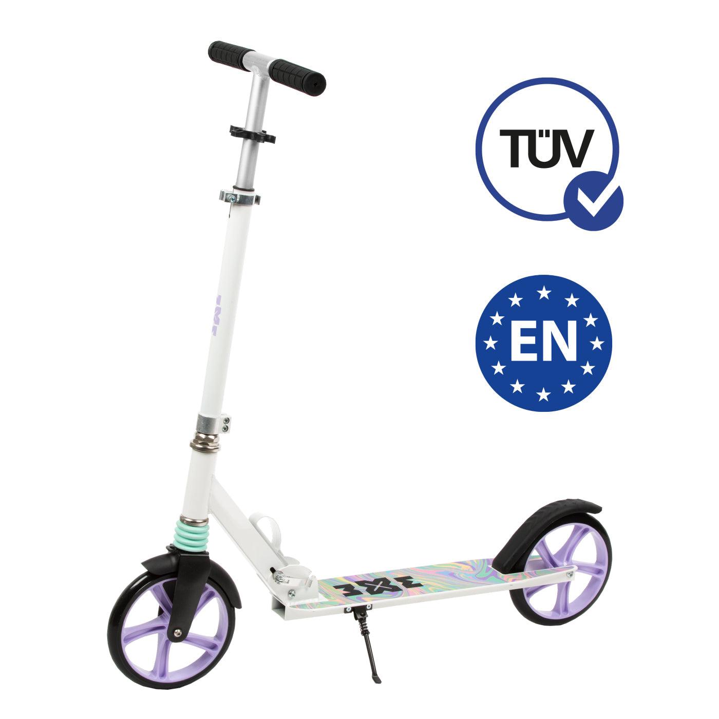 The perfect scooter for getting around the city, both for older children and adults. Durable steel and aluminum construction. Light and compact - the scooter weighs less than  4 kg. Foldable foot  for easy parking. Anti-slip platform. Foot brake  located above the rear wheel. Steering wheel. 3-step  handlebar height adjustment  in the range of  86 - 94 - 102 cm. Ergonomic handles – ensure comfortable and safe handling. The handles can be folded and placed in special mountings.