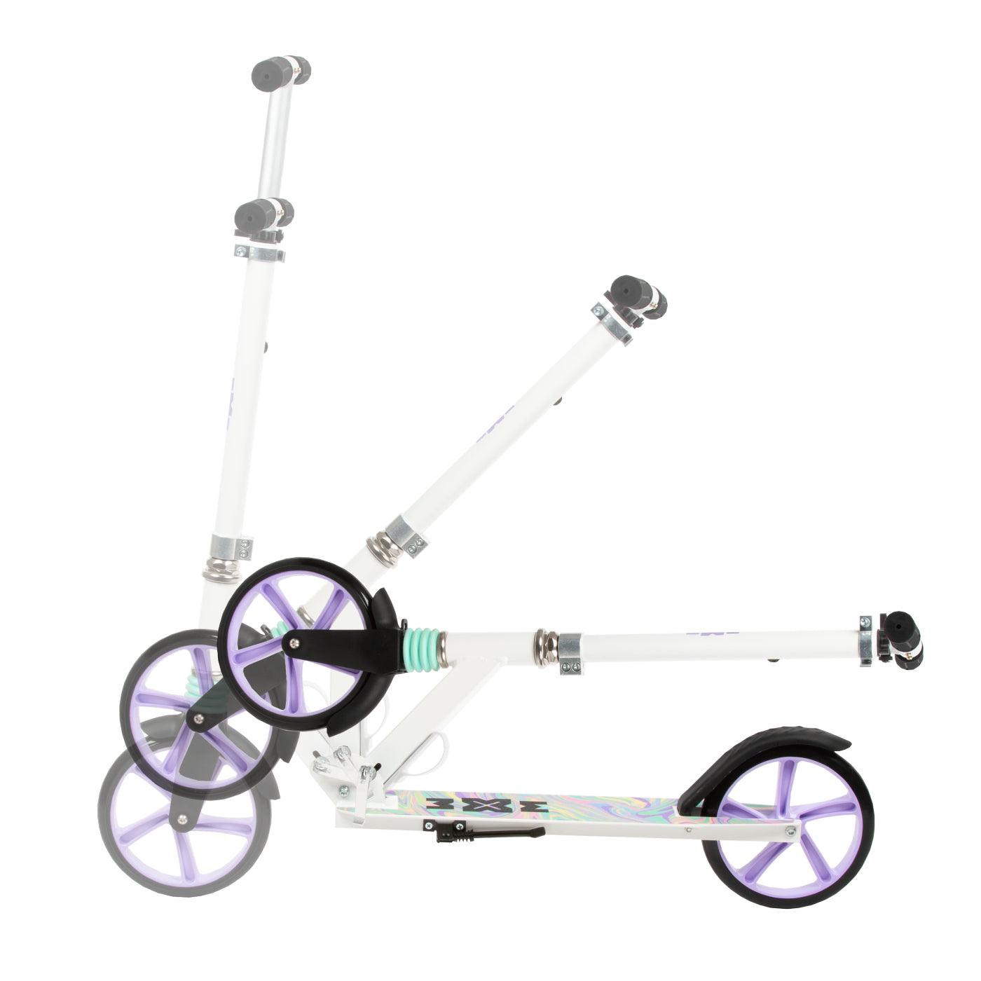 The perfect scooter for getting around the city, both for older children and adults. Durable steel and aluminum construction. Light and compact - the scooter weighs less than  4 kg. Foldable foot  for easy parking. Anti-slip platform. Foot brake  located above the rear wheel. Steering wheel. 3-step  handlebar height adjustment  in the range of  86 - 94 - 102 cm. Ergonomic handles – ensure comfortable and safe handling. The handles can be folded and placed in special mountings.