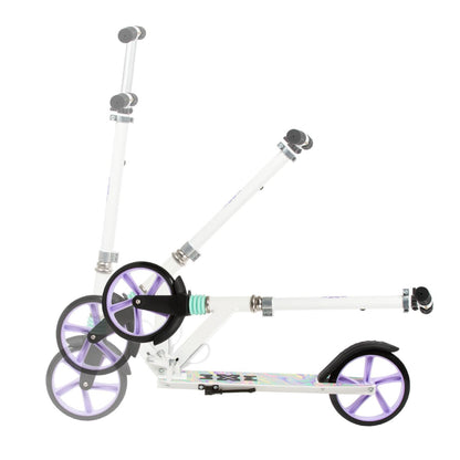 The perfect scooter for getting around the city, both for older children and adults. Durable steel and aluminum construction. Light and compact - the scooter weighs less than  4 kg. Foldable foot  for easy parking. Anti-slip platform. Foot brake  located above the rear wheel. Steering wheel. 3-step  handlebar height adjustment  in the range of  86 - 94 - 102 cm. Ergonomic handles – ensure comfortable and safe handling. The handles can be folded and placed in special mountings.
