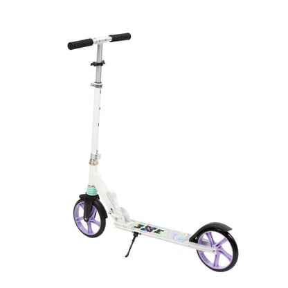The perfect scooter for getting around the city, both for older children and adults. Durable steel and aluminum construction. Light and compact - the scooter weighs less than  4 kg. Foldable foot  for easy parking. Anti-slip platform. Foot brake  located above the rear wheel. Steering wheel. 3-step  handlebar height adjustment  in the range of  86 - 94 - 102 cm. Ergonomic handles – ensure comfortable and safe handling. The handles can be folded and placed in special mountings.