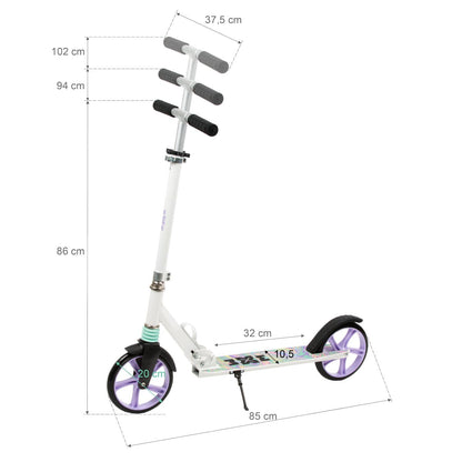 The perfect scooter for getting around the city, both for older children and adults. Durable steel and aluminum construction. Light and compact - the scooter weighs less than  4 kg. Foldable foot  for easy parking. Anti-slip platform. Foot brake  located above the rear wheel. Steering wheel. 3-step  handlebar height adjustment  in the range of  86 - 94 - 102 cm. Ergonomic handles – ensure comfortable and safe handling. The handles can be folded and placed in special mountings.