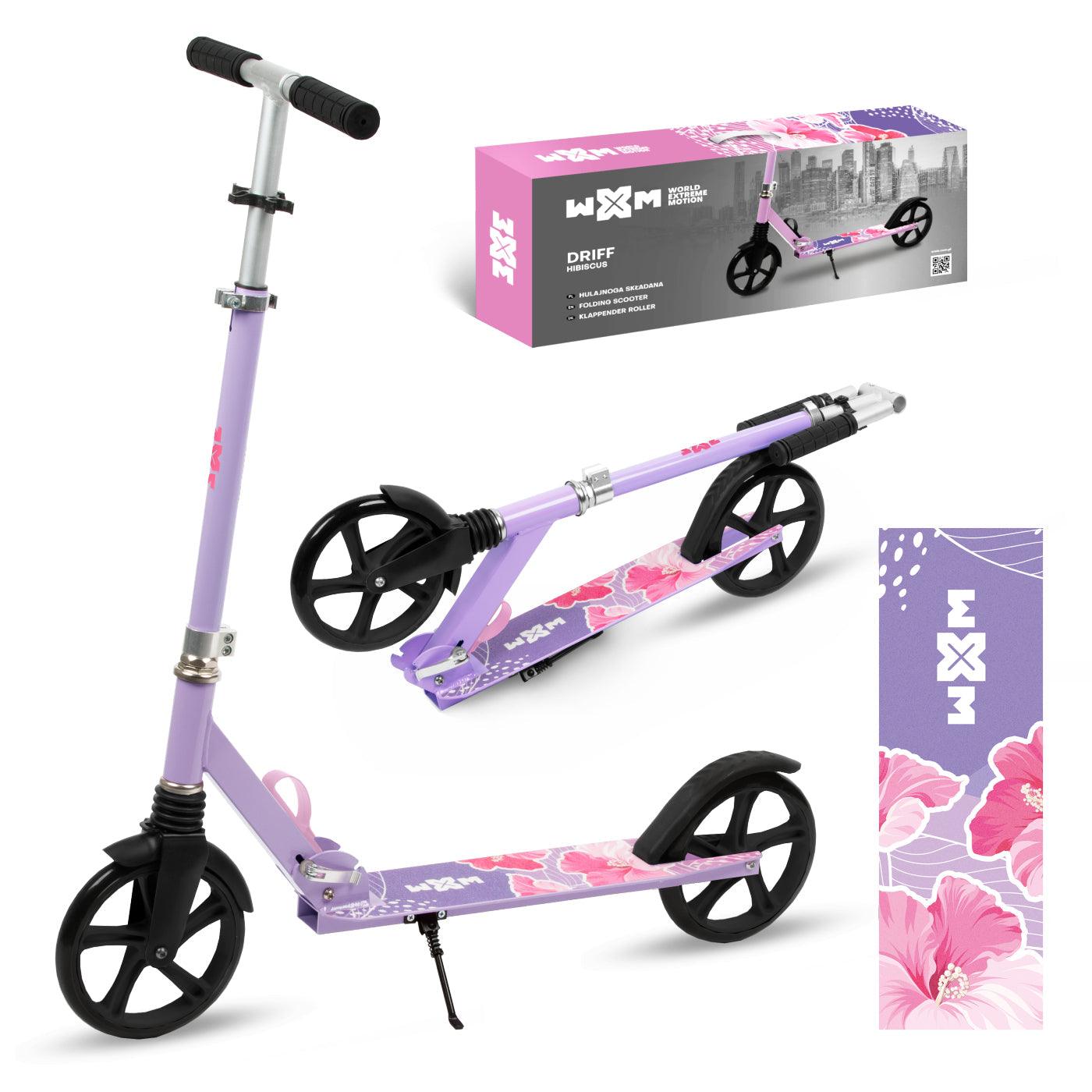 Two wheel scooter for girls getting around the city, both for older children and adults. Durable steel and aluminum construction. Light and compact - the scooter weighs less than  4 kg. Foldable foot  for easy parking. Anti-slip platform. Foot brake  located above the rear wheel. Steering wheel. 3-step  handlebar height adjustment  in the range of  86 - 94 - 102 cm. Ergonomic handles – ensure comfortable and safe handling. The handles can be folded and placed in special mountings.