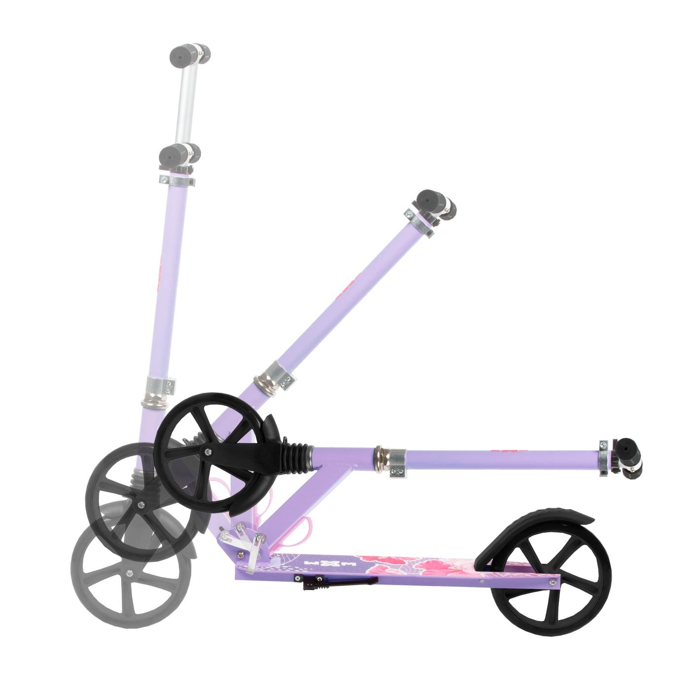 2 wheel scooter for girls getting around the city, both for older children and adults. Durable steel and aluminum construction. Light and compact - the scooter weighs less than  4 kg. Foldable foot  for easy parking. Anti-slip platform. Foot brake  located above the rear wheel. Steering wheel. 3-step  handlebar height adjustment  in the range of  86 - 94 - 102 cm. Ergonomic handles – ensure comfortable and safe handling. The handles can be folded and placed in special mountings.