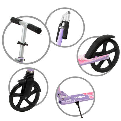 The perfect scooter for getting around the city, both for older children and adults. Durable steel and aluminum construction. Light and compact - the scooter weighs less than  4 kg. Foldable foot  for easy parking. Anti-slip platform. Foot brake  located above the rear wheel. Steering wheel. 3-step  handlebar height adjustment  in the range of  86 - 94 - 102 cm. Ergonomic handles – ensure comfortable and safe handling. The handles can be folded and placed in special mountings.