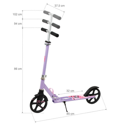 The perfect scooter for getting around the city, both for older children and adults. Durable steel and aluminum construction. Light and compact - the scooter weighs less than  4 kg. Foldable foot  for easy parking. Anti-slip platform. Foot brake  located above the rear wheel. Steering wheel. 3-step  handlebar height adjustment  in the range of  86 - 94 - 102 cm. Ergonomic handles – ensure comfortable and safe handling. The handles can be folded and placed in special mountings.