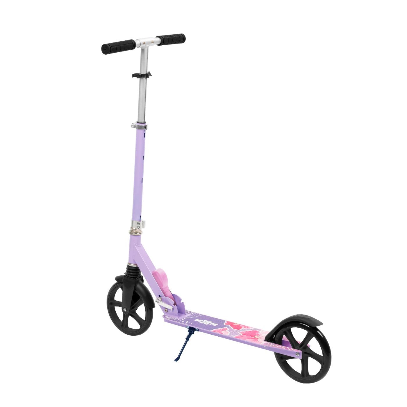The perfect scooter for getting around the city, both for older children and adults. Durable steel and aluminum construction. Light and compact - the scooter weighs less than  4 kg. Foldable foot  for easy parking. Anti-slip platform. Foot brake  located above the rear wheel. Steering wheel. 3-step  handlebar height adjustment  in the range of  86 - 94 - 102 cm. Ergonomic handles – ensure comfortable and safe handling. The handles can be folded and placed in special mountings.