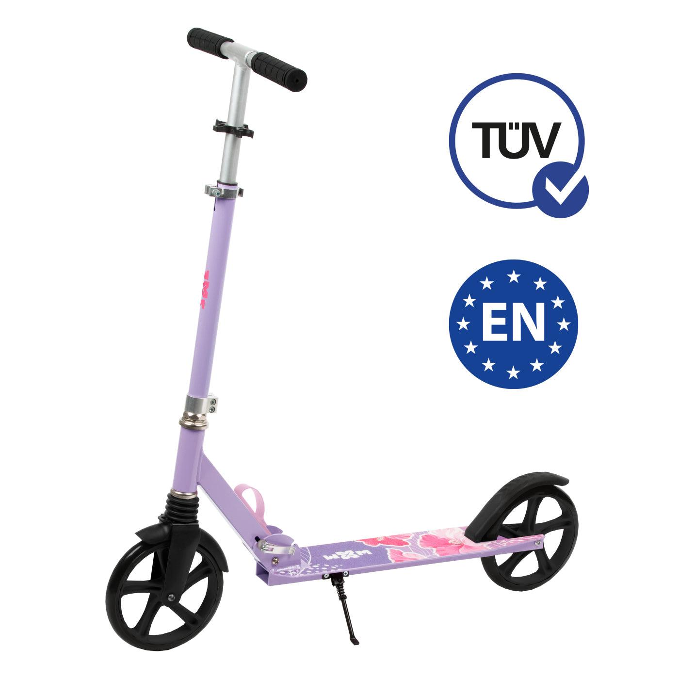 2 wheel scooter for girls getting around the city, both for older children and adults. Durable steel and aluminum construction. Light and compact - the scooter weighs less than  4 kg. Foldable foot  for easy parking. Anti-slip platform. Foot brake  located above the rear wheel. Steering wheel. 3-step  handlebar height adjustment  in the range of  86 - 94 - 102 cm. Ergonomic handles – ensure comfortable and safe handling. The handles can be folded and placed in special mountings.