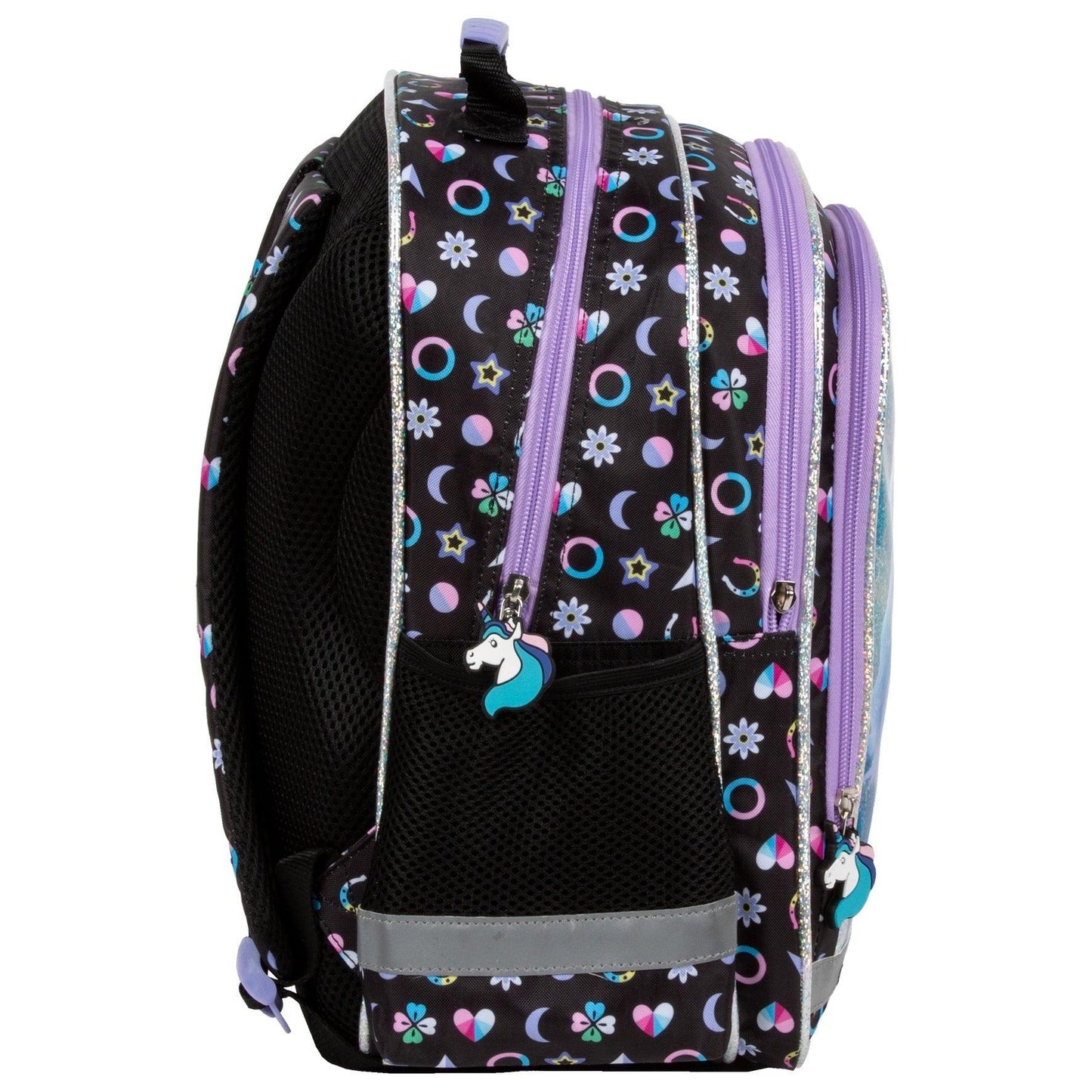 Comfort and functionality combined. This backpack is thoughtfully designed with multiple compartments for all your school essentials. Enjoy comfortable carrying with padded straps and an ergonomic back. And don't worry about safety - reflective tapes are included, along with a reinforced handle and bottom for durability.