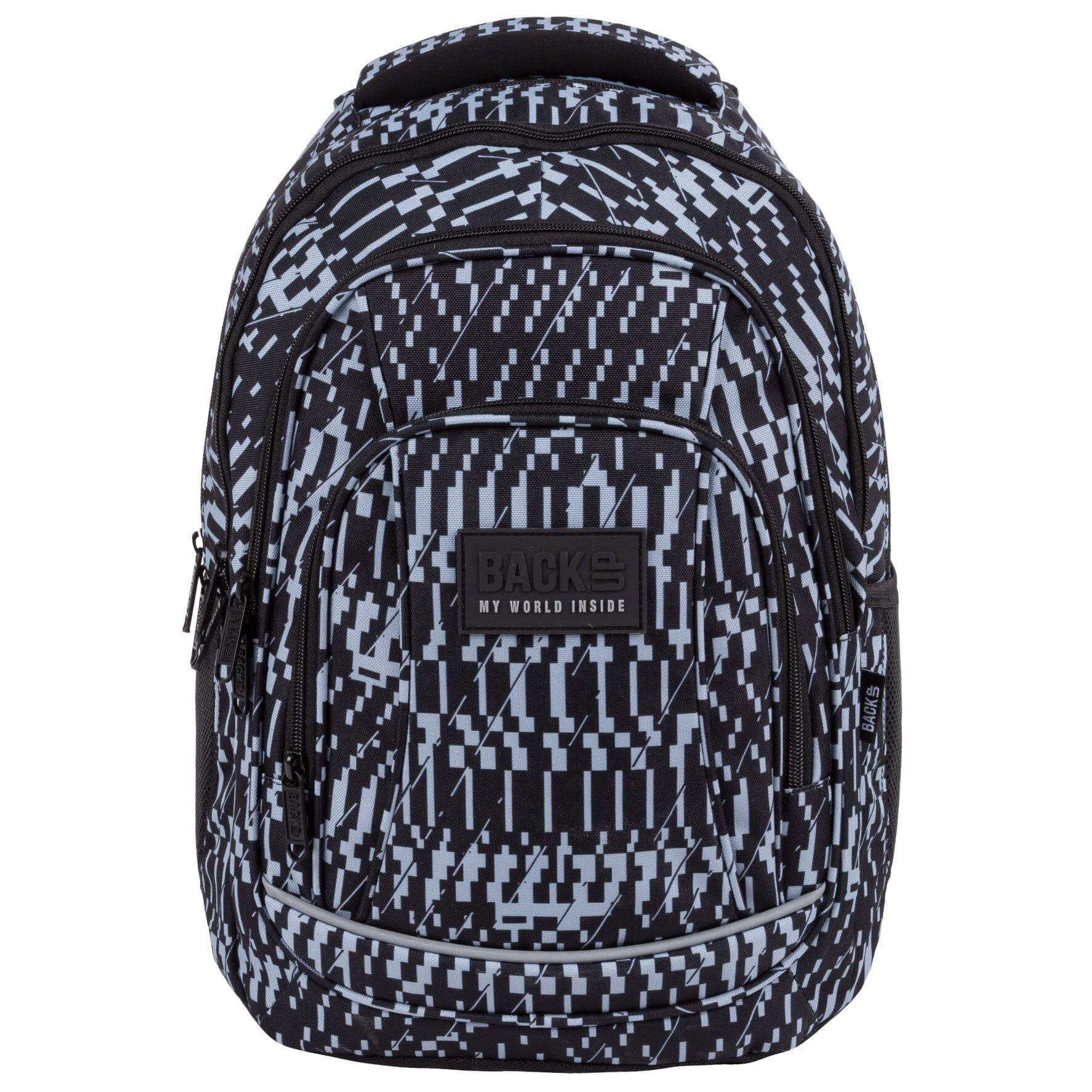 Great option for those likes classic colors and at the same time unobvious patterns. Discover the perfect balance of classic and unconventional backpack. This sleek combination of gray and black is a refreshing new take on traditional colors. Let your imagination run wild with the abstract designs that emerge, featuring a pixelated look and futuristic buildings. With its unique and stylish patterns, this backpack is ideal for those seeking a refined yet bold style choice.