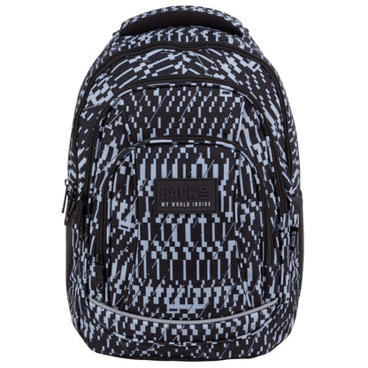 Great option for those likes classic colors and at the same time unobvious patterns. Discover the perfect balance of classic and unconventional backpack. This sleek combination of gray and black is a refreshing new take on traditional colors. Let your imagination run wild with the abstract designs that emerge, featuring a pixelated look and futuristic buildings. With its unique and stylish patterns, this backpack is ideal for those seeking a refined yet bold style choice.