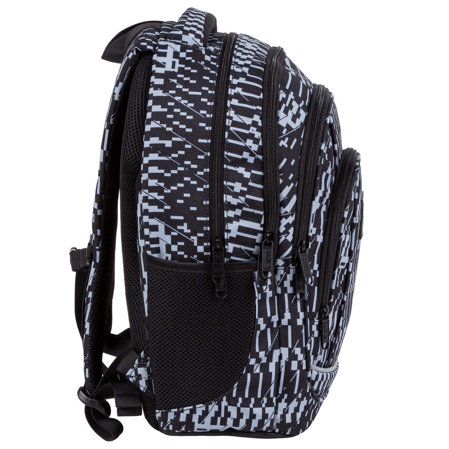 Great option for those likes classic colors and at the same time unobvious patterns. Discover the perfect balance of classic and unconventional backpack. This sleek combination of gray and black is a refreshing new take on traditional colors. Let your imagination run wild with the abstract designs that emerge, featuring a pixelated look and futuristic buildings. With its unique and stylish patterns, this backpack is ideal for those seeking a refined yet bold style choice.