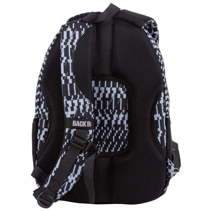 Great option for those likes classic colors and at the same time unobvious patterns. Discover the perfect balance of classic and unconventional backpack. This sleek combination of gray and black is a refreshing new take on traditional colors. Let your imagination run wild with the abstract designs that emerge, featuring a pixelated look and futuristic buildings. With its unique and stylish patterns, this backpack is ideal for those seeking a refined yet bold style choice.