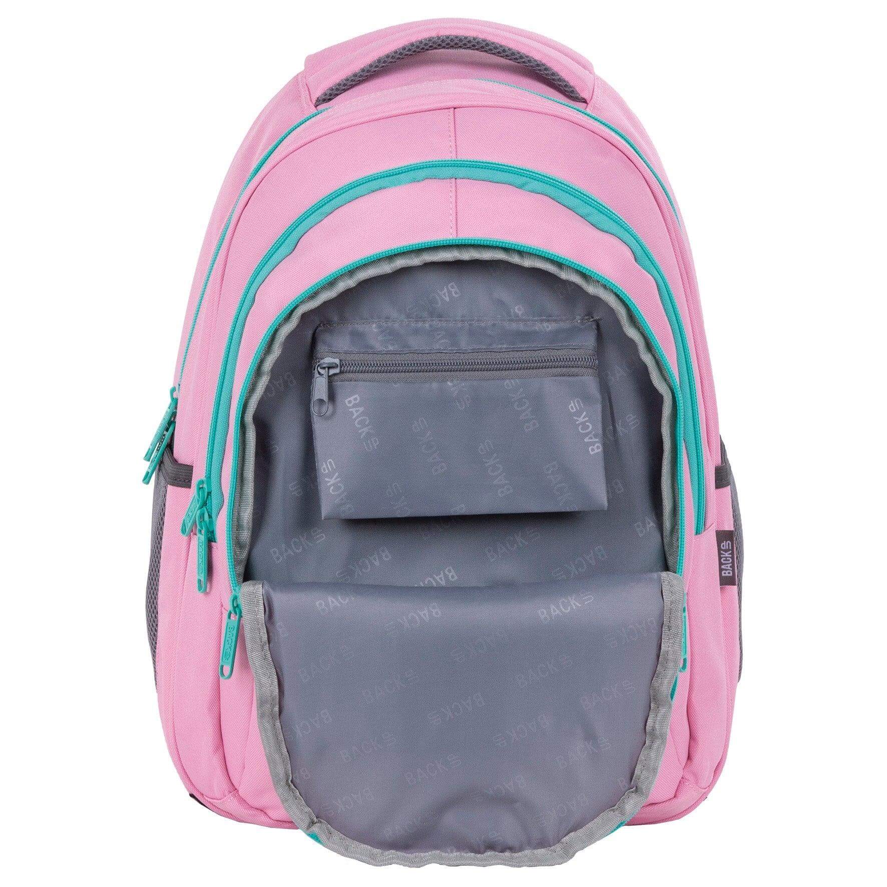 A durable and stylish backpack designed for the fashion-forward student. Featuring an eye-catching pink with a unique turquoise zipper, this backpack will surely turn heads. Perfect for girls who want to make a statement and stay organized with their school supplies.