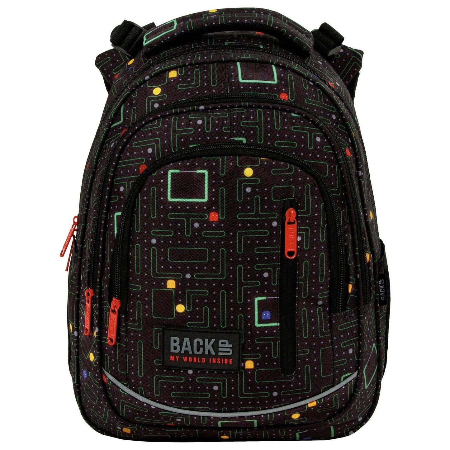 An intricate labyrinth filled with points, obstacles and... Opponents! In this game, dexterity and logical thinking skills are worth gold. Colorful sprites roam the intricate corridors of black material, and intense red accessories give the BackUP backpack from the Gamer collection an energetic expression. Addictive like the best computer game, this is a backpack for a boy who is already looking forward to the next school challenges.