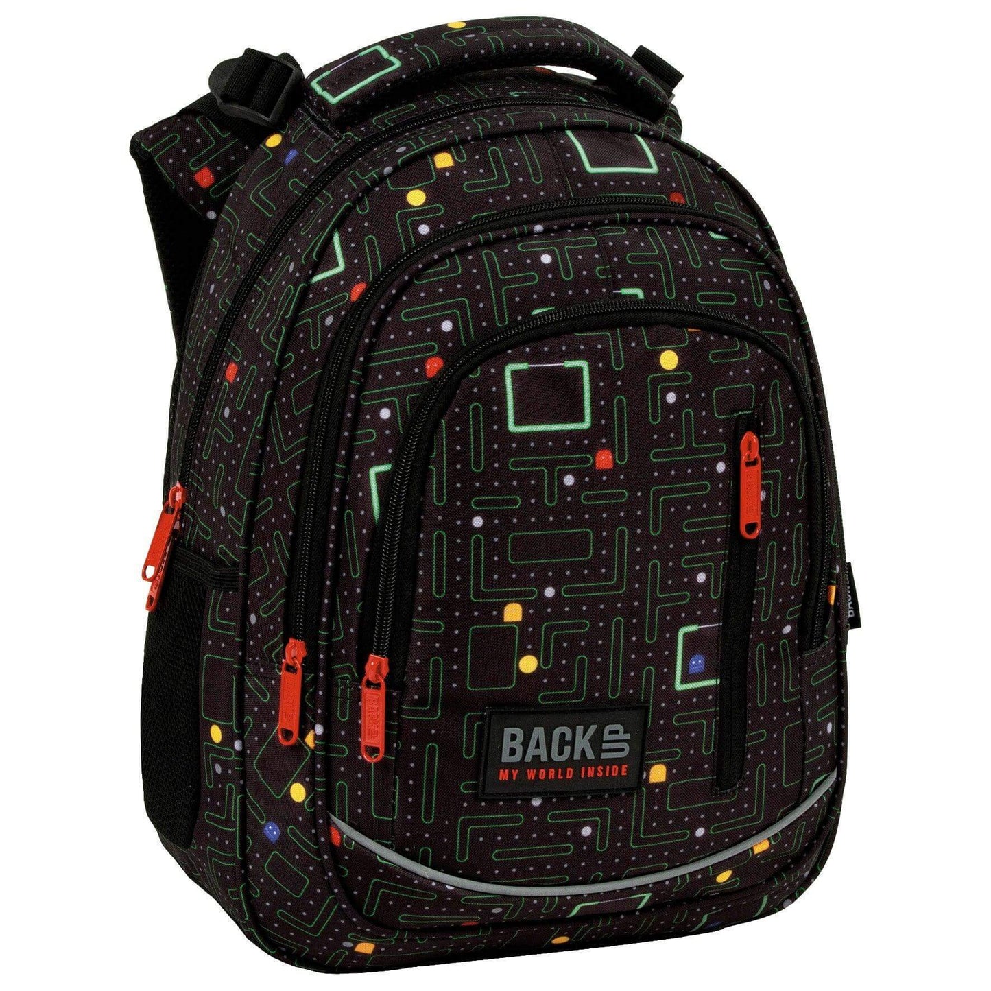 An intricate labyrinth filled with points, obstacles and... Opponents! In this game, dexterity and logical thinking skills are worth gold. Colorful sprites roam the intricate corridors of black material, and intense red accessories give the BackUP backpack from the Gamer collection an energetic expression. Addictive like the best computer game, this is a backpack for a boy who is already looking forward to the next school challenges.