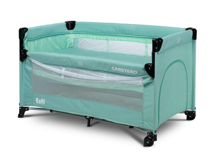 The Esti cot is a travel cot designed to facilitate the care of babies. Its biggest advantage is the foldable side, which transforms the cot into an extra bed and provides more comfortable access to the child. The practical folding mechanism means that folding or unfolding takes only a moment. The cot also has wheels with a blockade for easy portability. The side door closed with a zipper will allow older children to safely enter the cot, which can be used as a playpen.