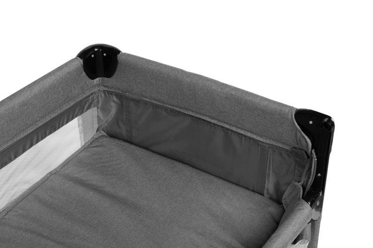 The Esti cot is a travel cot designed to facilitate the care of babies. Its biggest advantage is the foldable side, which transforms the cot into an extra bed and provides more comfortable access to the child. The practical folding mechanism means that folding or unfolding takes only a moment. The cot also has wheels with a blockade for easy portability. The side door closed with a zipper will allow older children to safely enter the cot, which can be used as a playpen.