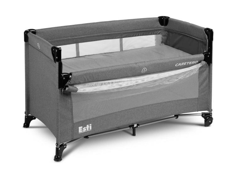 The Esti cot is a travel cot designed to facilitate the care of babies. Its biggest advantage is the foldable side, which transforms the cot into an extra bed and provides more comfortable access to the child. The practical folding mechanism means that folding or unfolding takes only a moment. The cot also has wheels with a blockade for easy portability. The side door closed with a zipper will allow older children to safely enter the cot, which can be used as a playpen.