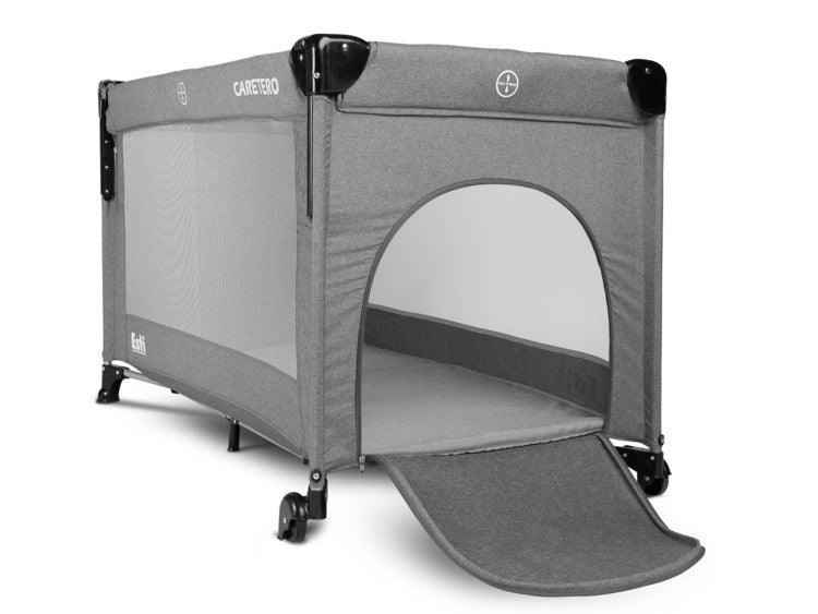 The Esti cot is a travel cot designed to facilitate the care of babies. Its biggest advantage is the foldable side, which transforms the cot into an extra bed and provides more comfortable access to the child. The practical folding mechanism means that folding or unfolding takes only a moment. The cot also has wheels with a blockade for easy portability. The side door closed with a zipper will allow older children to safely enter the cot, which can be used as a playpen.