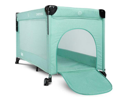 The Esti cot is a travel cot designed to facilitate the care of babies. Its biggest advantage is the foldable side, which transforms the cot into an extra bed and provides more comfortable access to the child. The practical folding mechanism means that folding or unfolding takes only a moment. The cot also has wheels with a blockade for easy portability. The side door closed with a zipper will allow older children to safely enter the cot, which can be used as a playpen.